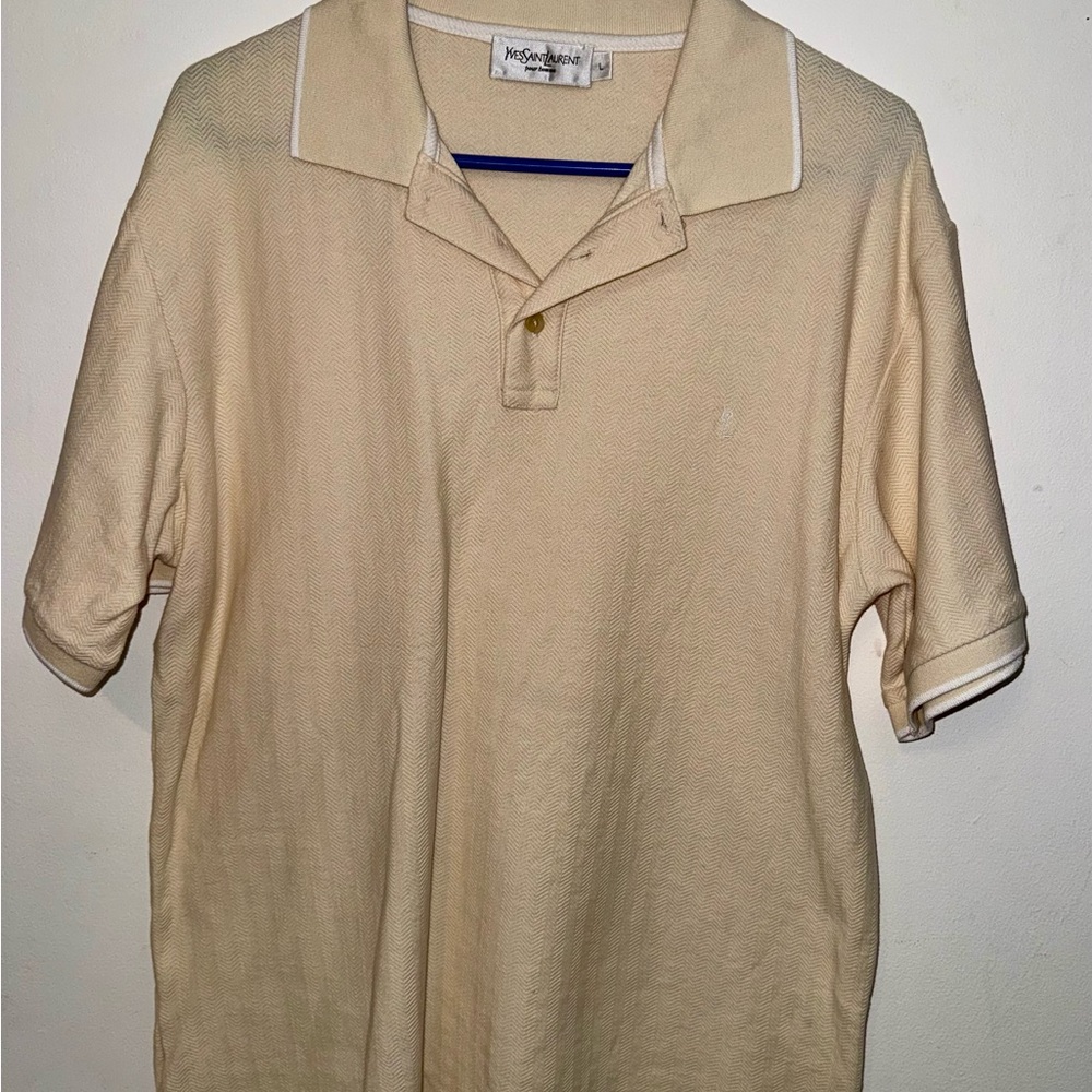 Yves Saint Laurent Vin Polo shirt Men's Large Cream Beige Short Sleeve With Logo
